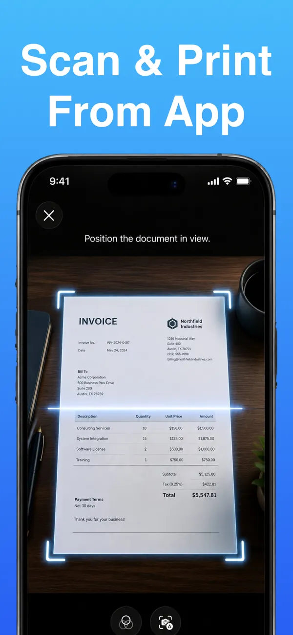 Smart Printer scanning a paper invoice with automatic edge detection