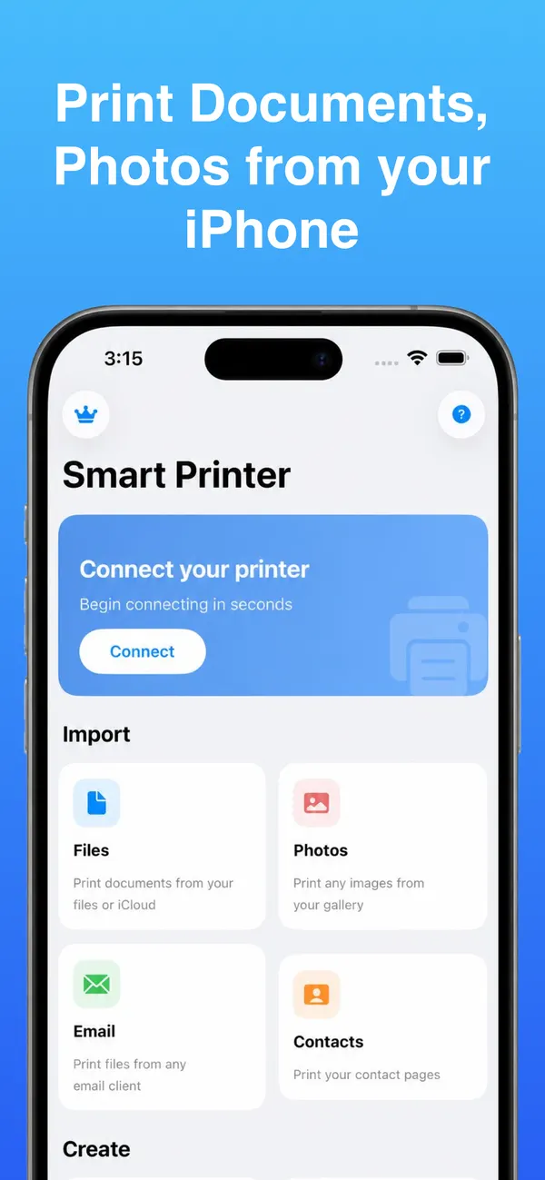 Smart Printer home screen with Files, Photos, Email, and Contacts import options
