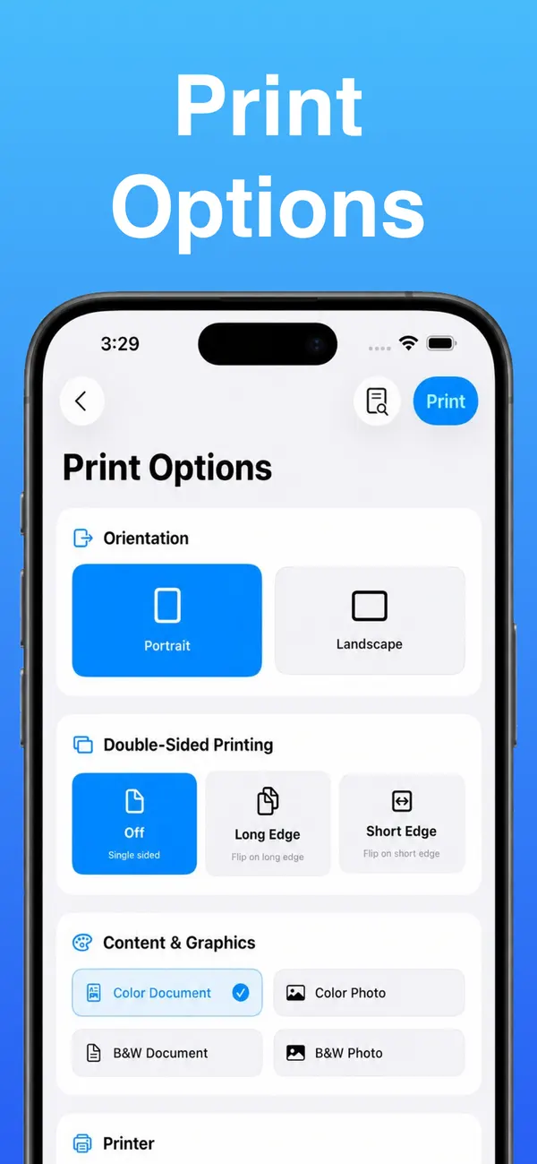 Smart Printer print options showing orientation, double-sided, and color settings